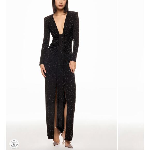 Nissa Black Plunging Rhinestone Gown SIZE 2 Ruched Formal Slit Designer $519 - Picture 1 of 9